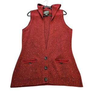 Woolrich Womens XL Red Donegal Knit Hooded Sweater Vest Cardigan Wool Blend